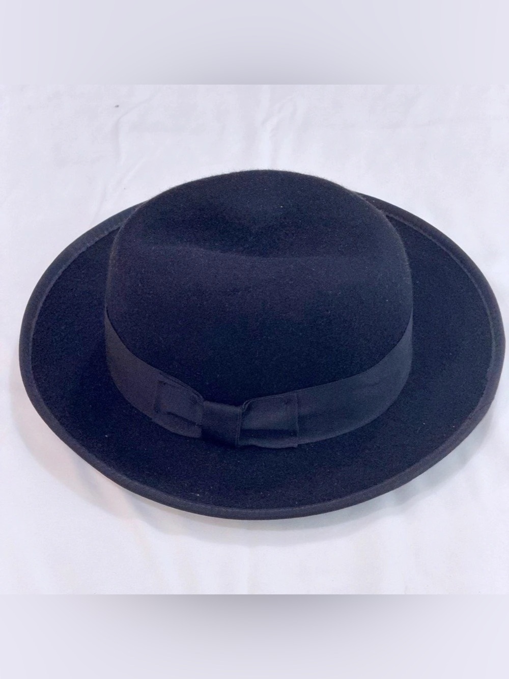 Black Felt Fedora Hat Large Made in USA Satin Lined Grosgrain Band